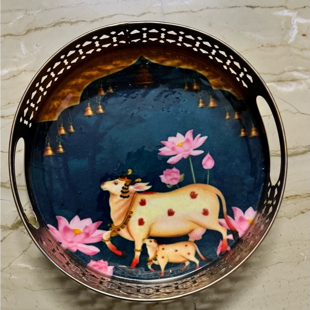 Decorative Round Tray with Cow & Lotus Motif - Navy & Pink